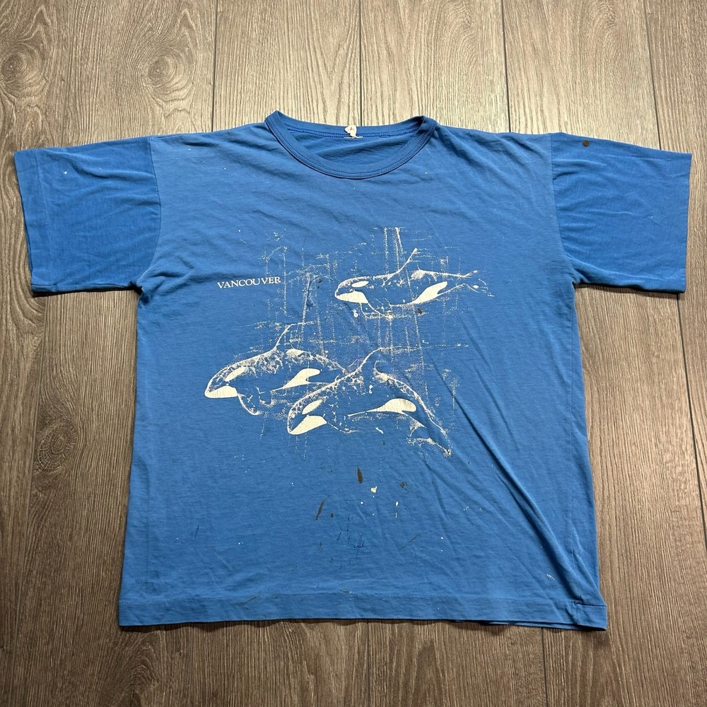Vintage 80s Vancouver Orca Whale T Shirt Blue Paper Thin Single Stitch Medium